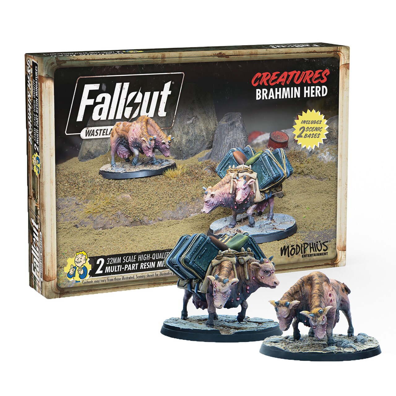 Modiphius Entertainment: Fallout: Wasteland Warfare - Creatures: Brahmin Herd - 2 Figures, 32mm Unpainted Resin RPG Miniatures, Commonwealth Wave
